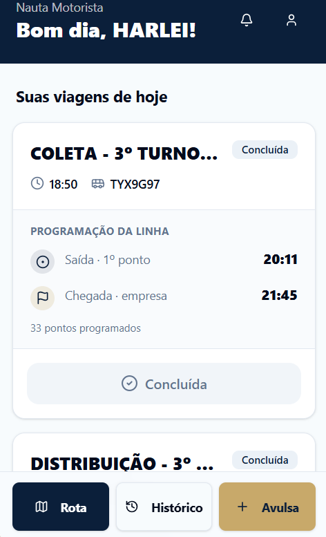 App Nauta Motorista: viagens do dia